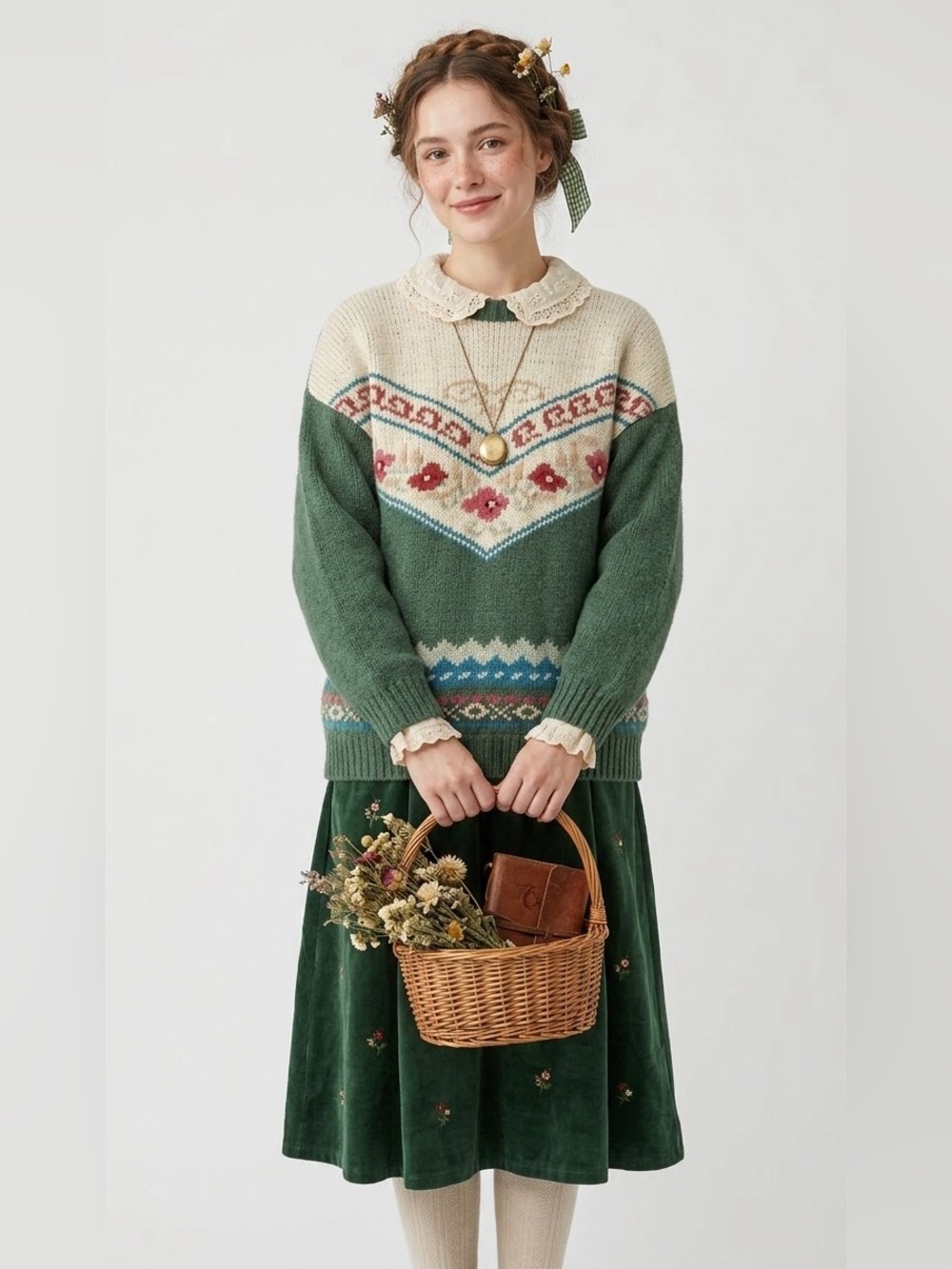 Vintage Boho Cottagecore Forest Green Cozy Fair Isle Nordic Countrycore Sweater